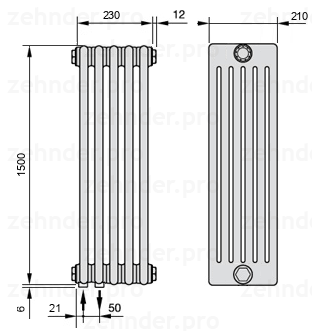 Схема (чертеж) Радиатор Zehnder Charleston 6150/5 №3370 Белый глянцевый RAL 9016